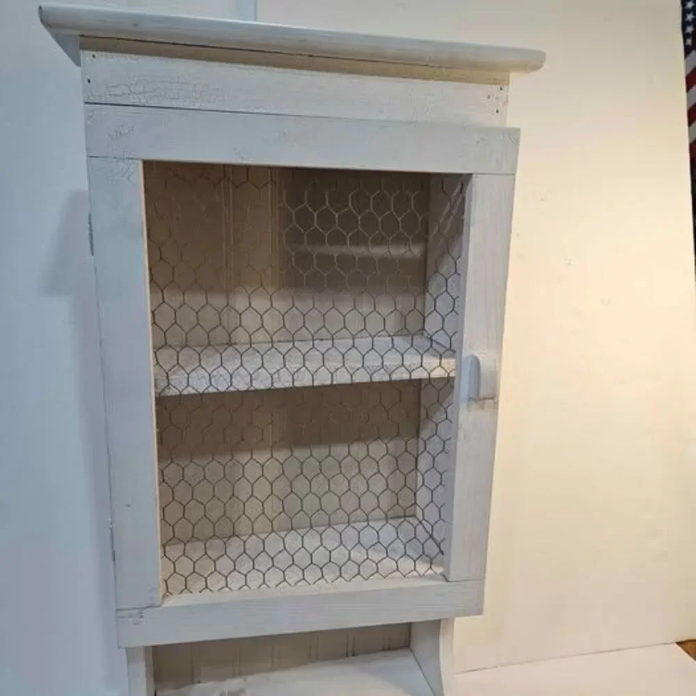 Rustic White Farmhouse Wall Cabinet with Chicken Wire Door